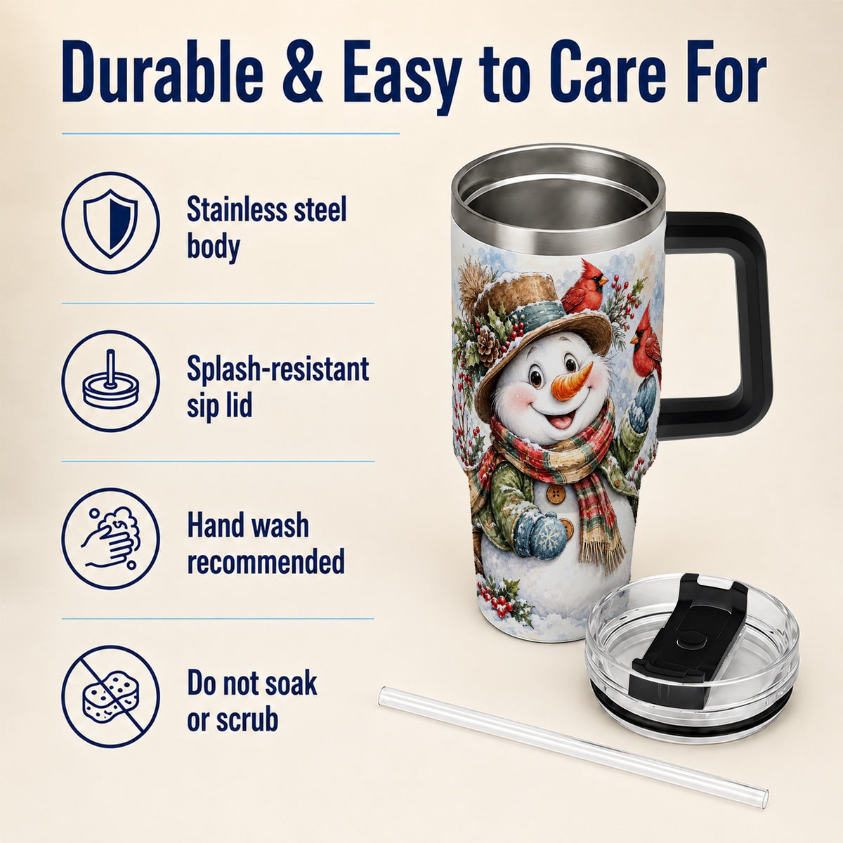 #pl[40oz|Black] Cardinal Snowman 40oz Tumbler with Handle, Rustic Winter Travel Cup