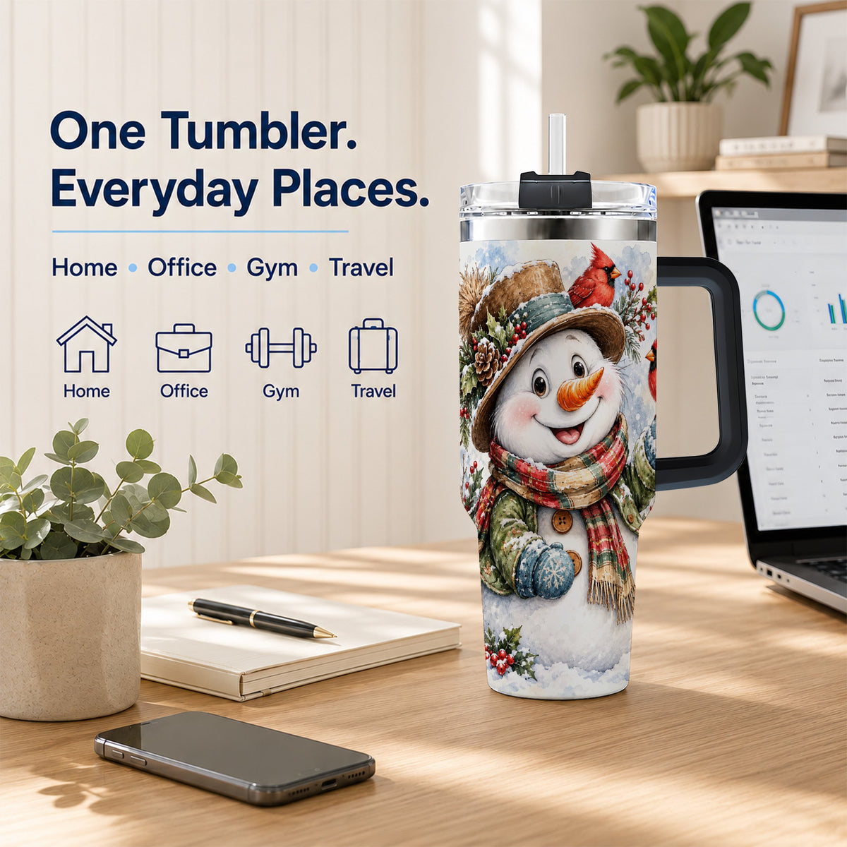 #pl[40oz|Black] Cardinal Snowman 40oz Tumbler with Handle, Rustic Winter Travel Cup