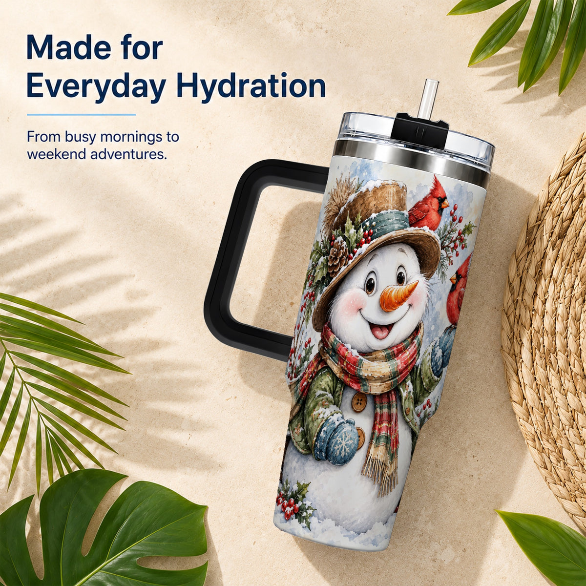 #pl[40oz|Black] Cardinal Snowman 40oz Tumbler with Handle, Rustic Winter Travel Cup