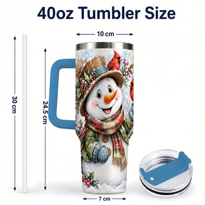 #pl[40oz|Blue] Cardinal Snowman 40oz Tumbler with Handle, Rustic Winter Travel Cup