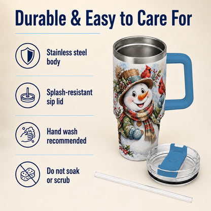 #pl[40oz|Blue] Cardinal Snowman 40oz Tumbler with Handle, Rustic Winter Travel Cup