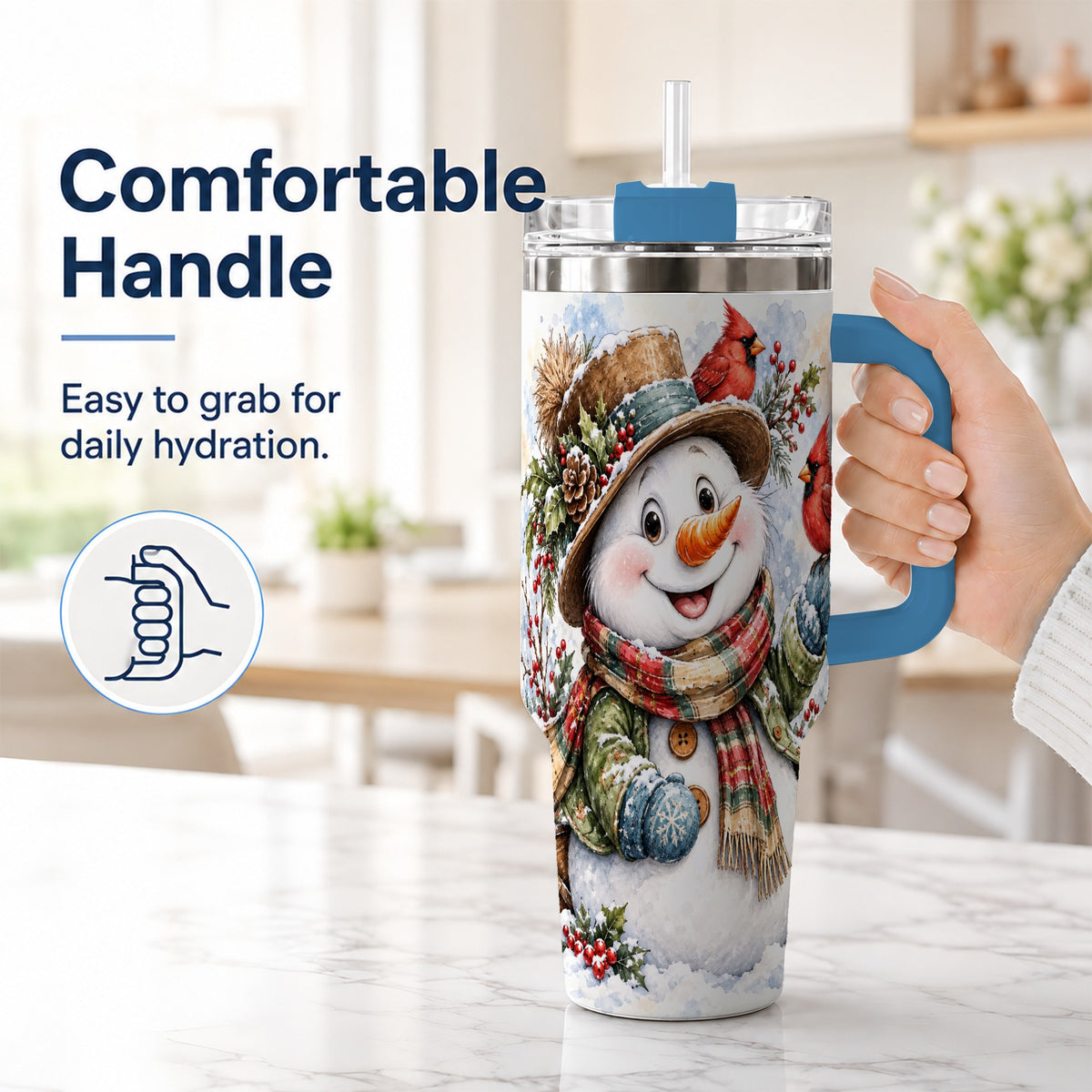 #pl[40oz|Blue] Cardinal Snowman 40oz Tumbler with Handle, Rustic Winter Travel Cup