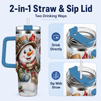 #pl[40oz|Blue] Cardinal Snowman 40oz Tumbler with Handle, Rustic Winter Travel Cup