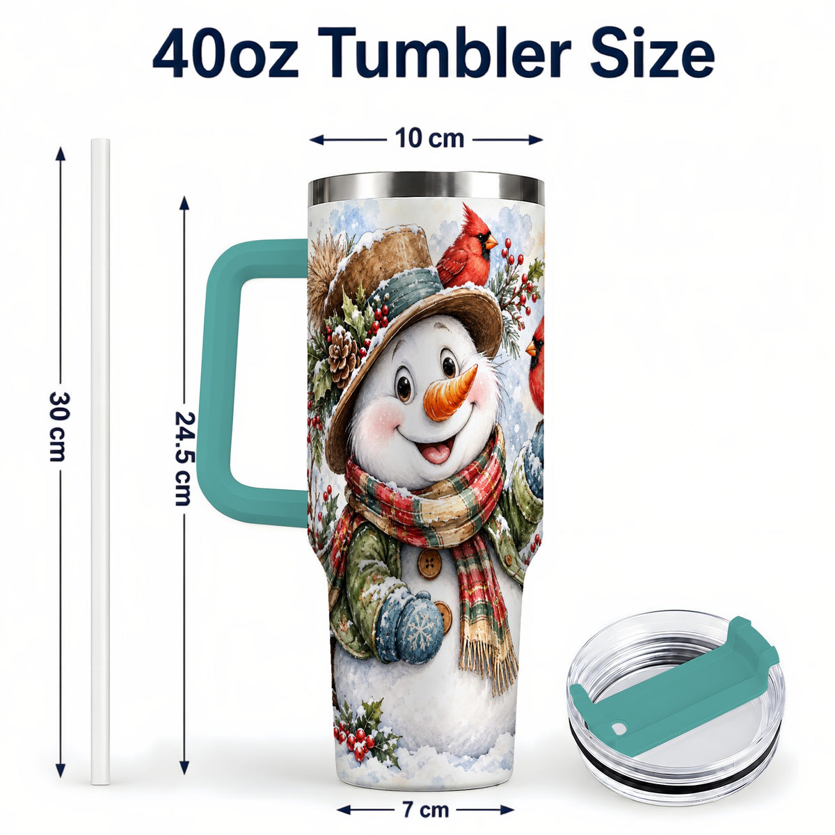 #pl[40oz|Green] Cardinal Snowman 40oz Tumbler with Handle, Rustic Winter Travel Cup