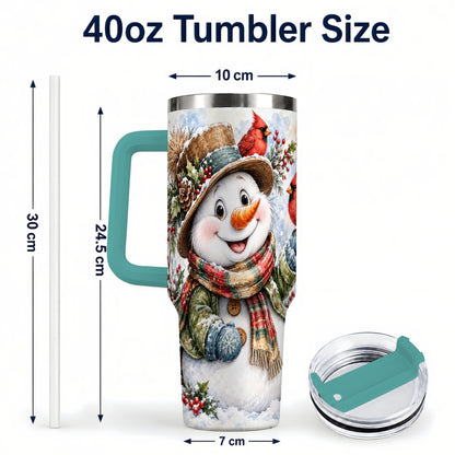 #pl[40oz|Green] Cardinal Snowman 40oz Tumbler with Handle, Rustic Winter Travel Cup