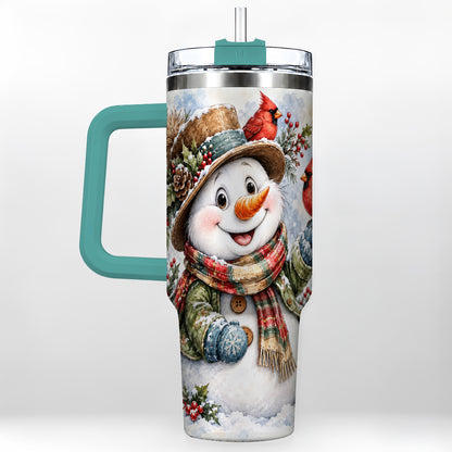 #pl[40oz|Green] Cardinal Snowman 40oz Tumbler with Handle, Rustic Winter Travel Cup