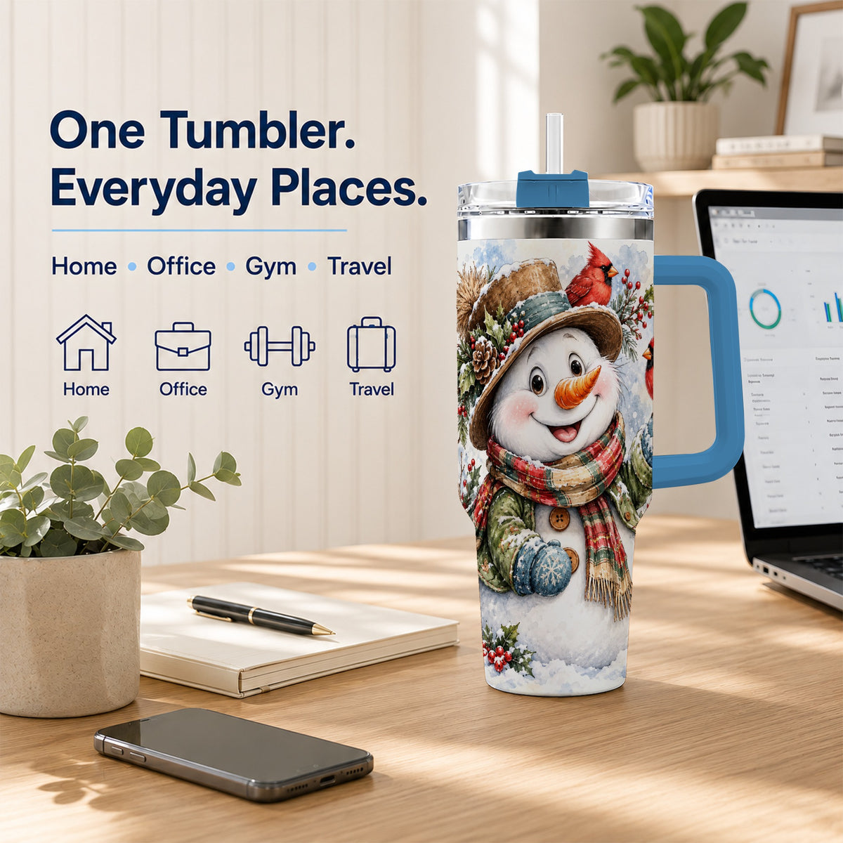 #pl[40oz|Blue] Cardinal Snowman 40oz Tumbler with Handle, Rustic Winter Travel Cup