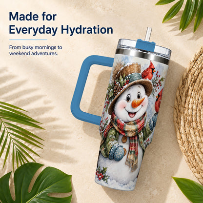 #pl[40oz|Blue] Cardinal Snowman 40oz Tumbler with Handle, Rustic Winter Travel Cup