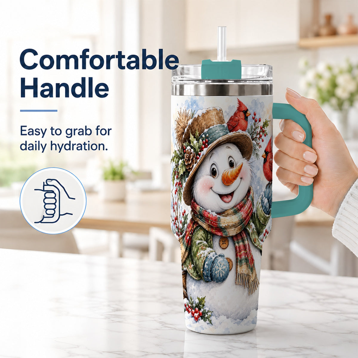 #pl[40oz|Green] Cardinal Snowman 40oz Tumbler with Handle, Rustic Winter Travel Cup