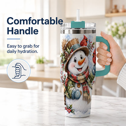 #pl[40oz|Green] Cardinal Snowman 40oz Tumbler with Handle, Rustic Winter Travel Cup