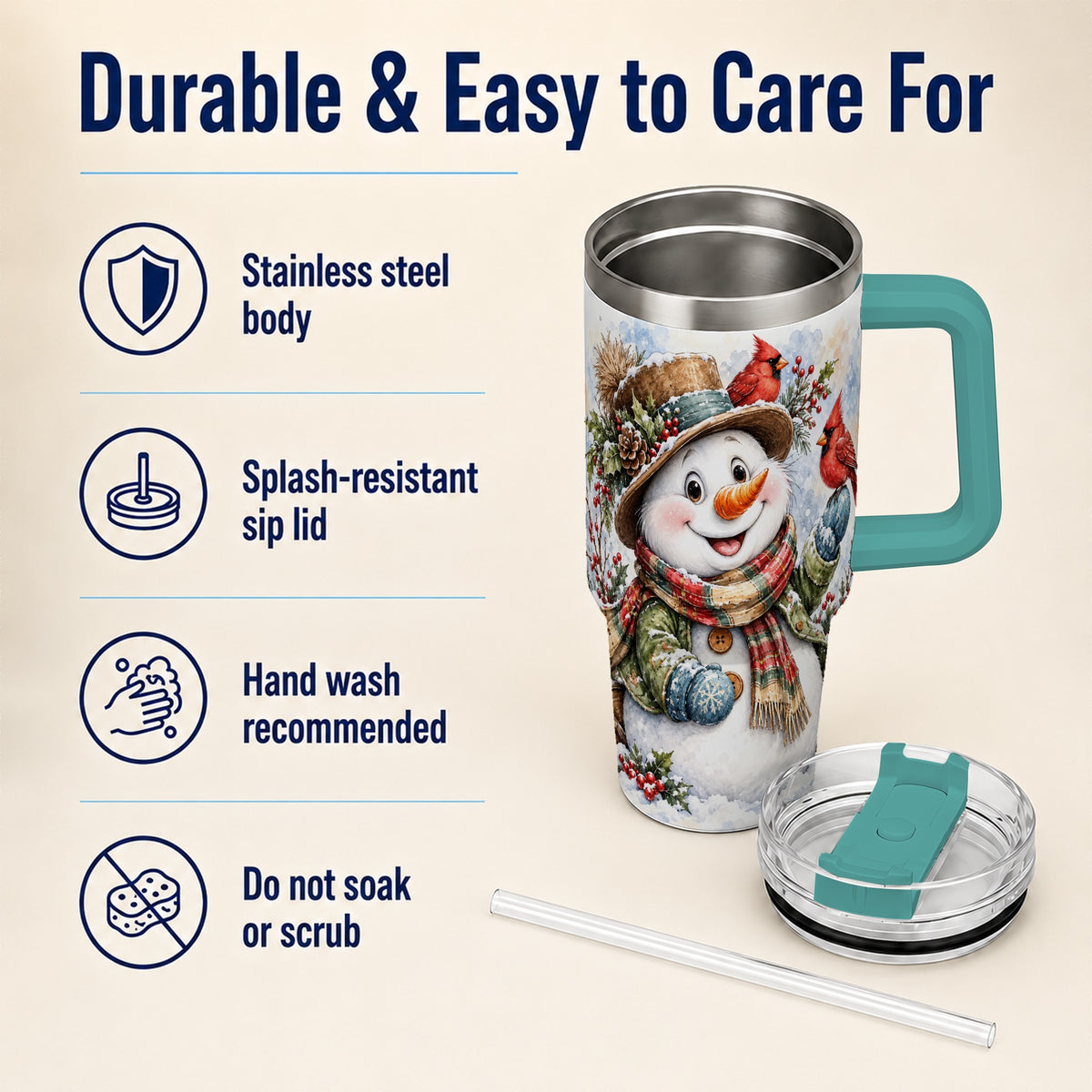#pl[40oz|Green] Cardinal Snowman 40oz Tumbler with Handle, Rustic Winter Travel Cup