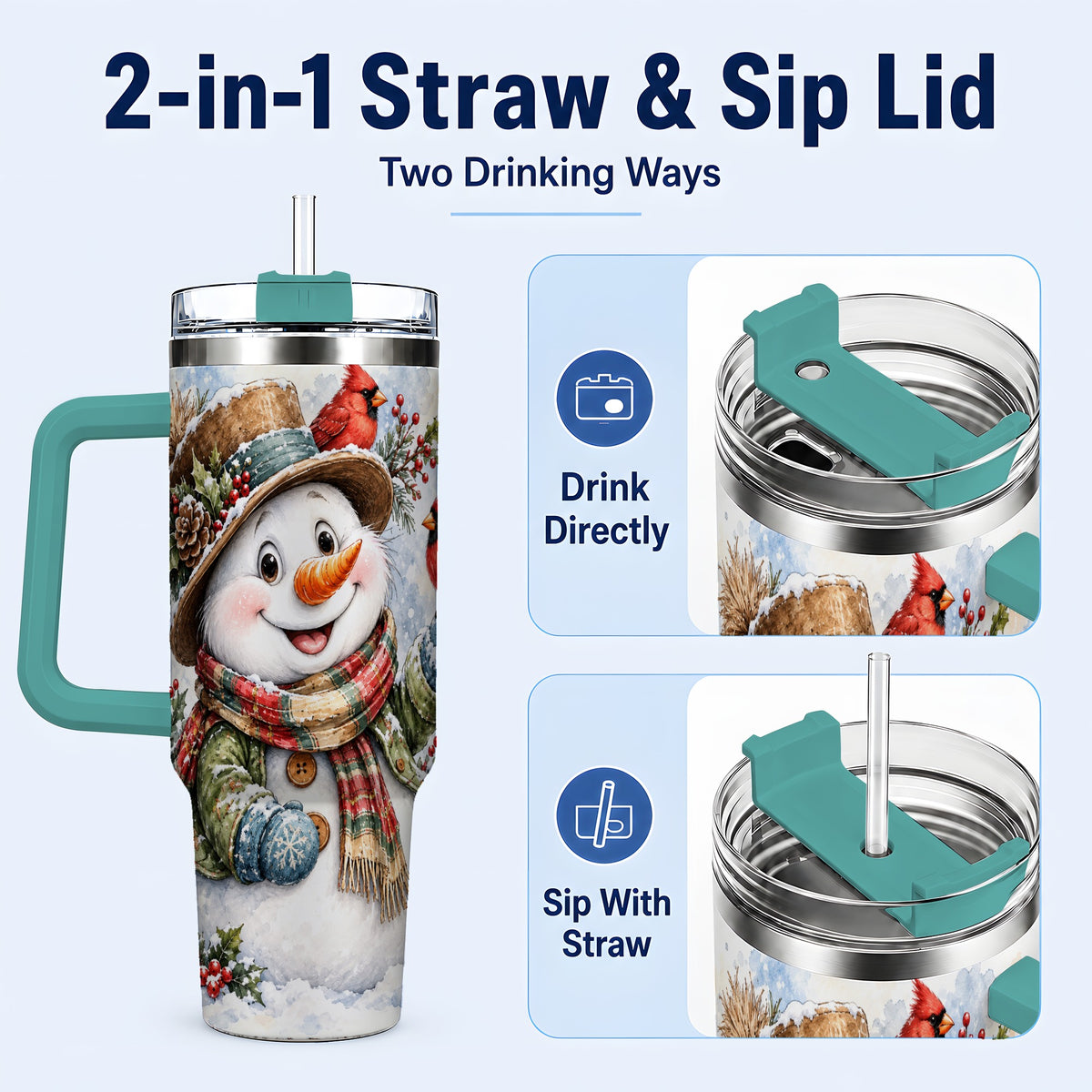 #pl[40oz|Green] Cardinal Snowman 40oz Tumbler with Handle, Rustic Winter Travel Cup