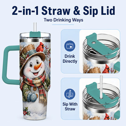 #pl[40oz|Green] Cardinal Snowman 40oz Tumbler with Handle, Rustic Winter Travel Cup
