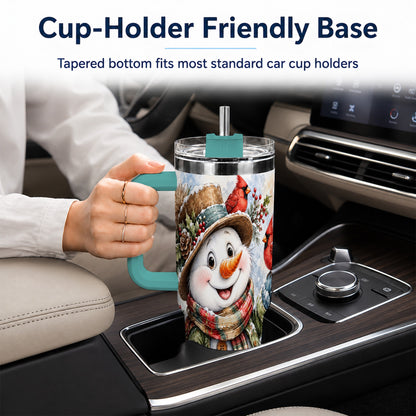 #pl[40oz|Green] Cardinal Snowman 40oz Tumbler with Handle, Rustic Winter Travel Cup