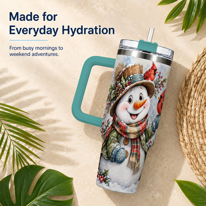 #pl[40oz|Green] Cardinal Snowman 40oz Tumbler with Handle, Rustic Winter Travel Cup