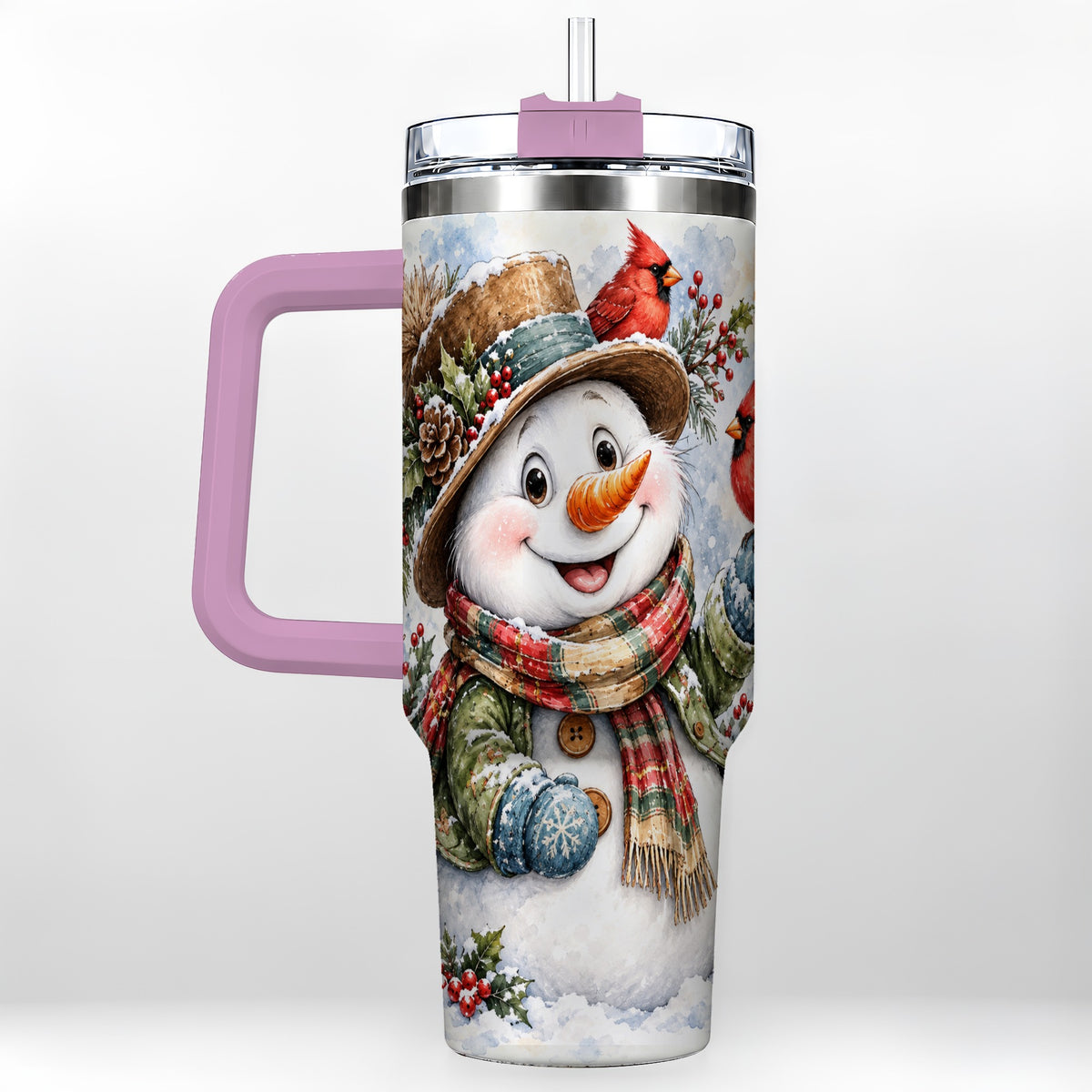 #pl[40oz|Pink] Cardinal Snowman 40oz Tumbler with Handle, Rustic Winter Travel Cup