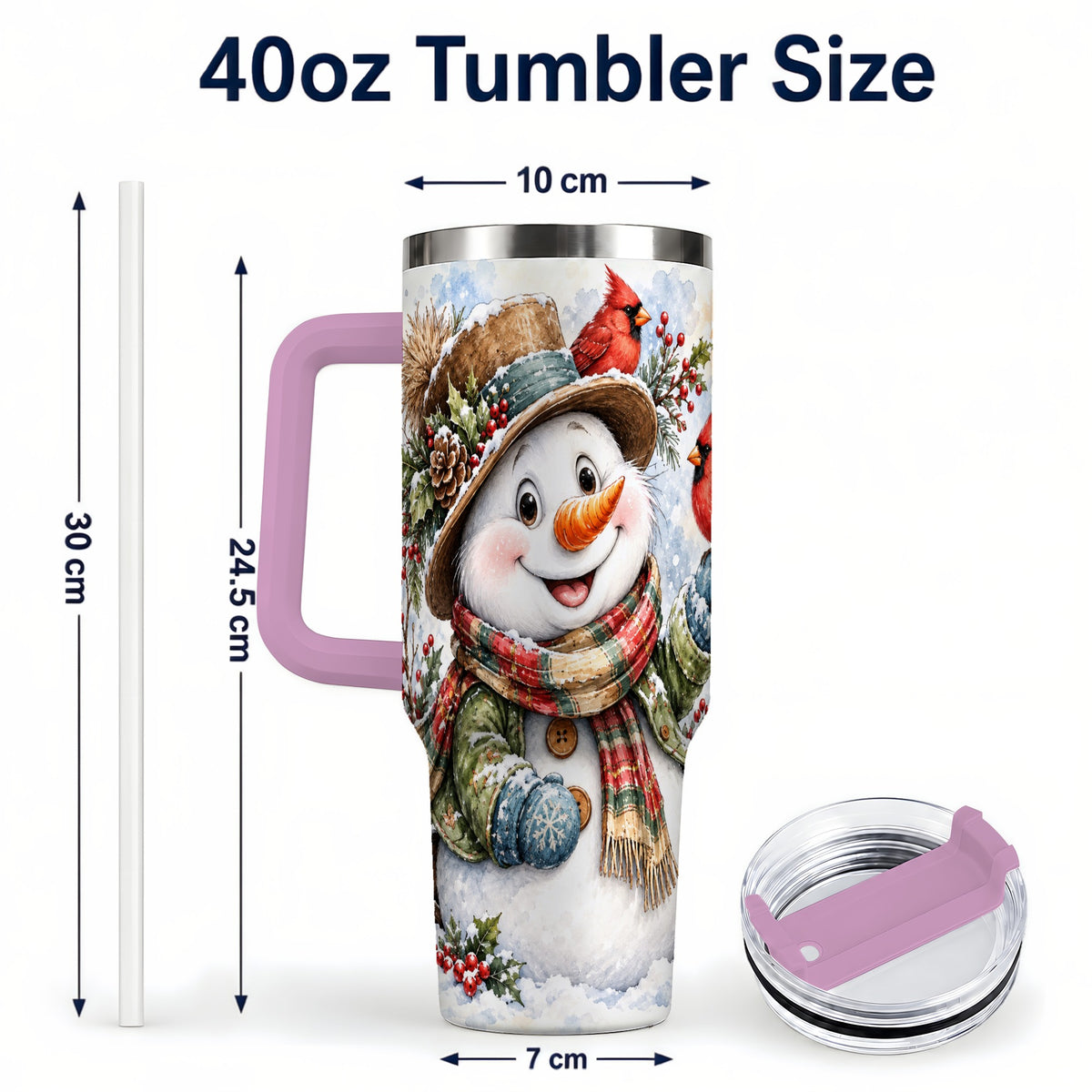#pl[40oz|Pink] Cardinal Snowman 40oz Tumbler with Handle, Rustic Winter Travel Cup