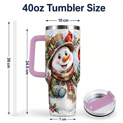 #pl[40oz|Pink] Cardinal Snowman 40oz Tumbler with Handle, Rustic Winter Travel Cup