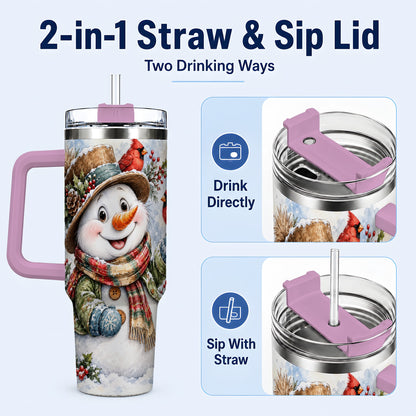 #pl[40oz|Pink] Cardinal Snowman 40oz Tumbler with Handle, Rustic Winter Travel Cup