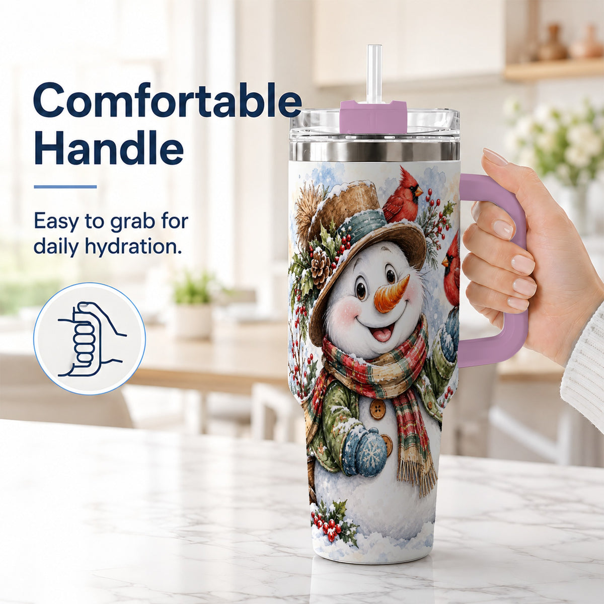 #pl[40oz|Pink] Cardinal Snowman 40oz Tumbler with Handle, Rustic Winter Travel Cup