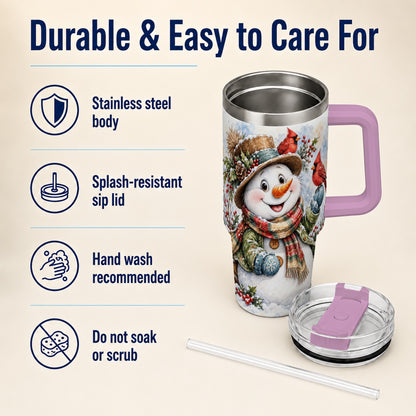 #pl[40oz|Pink] Cardinal Snowman 40oz Tumbler with Handle, Rustic Winter Travel Cup