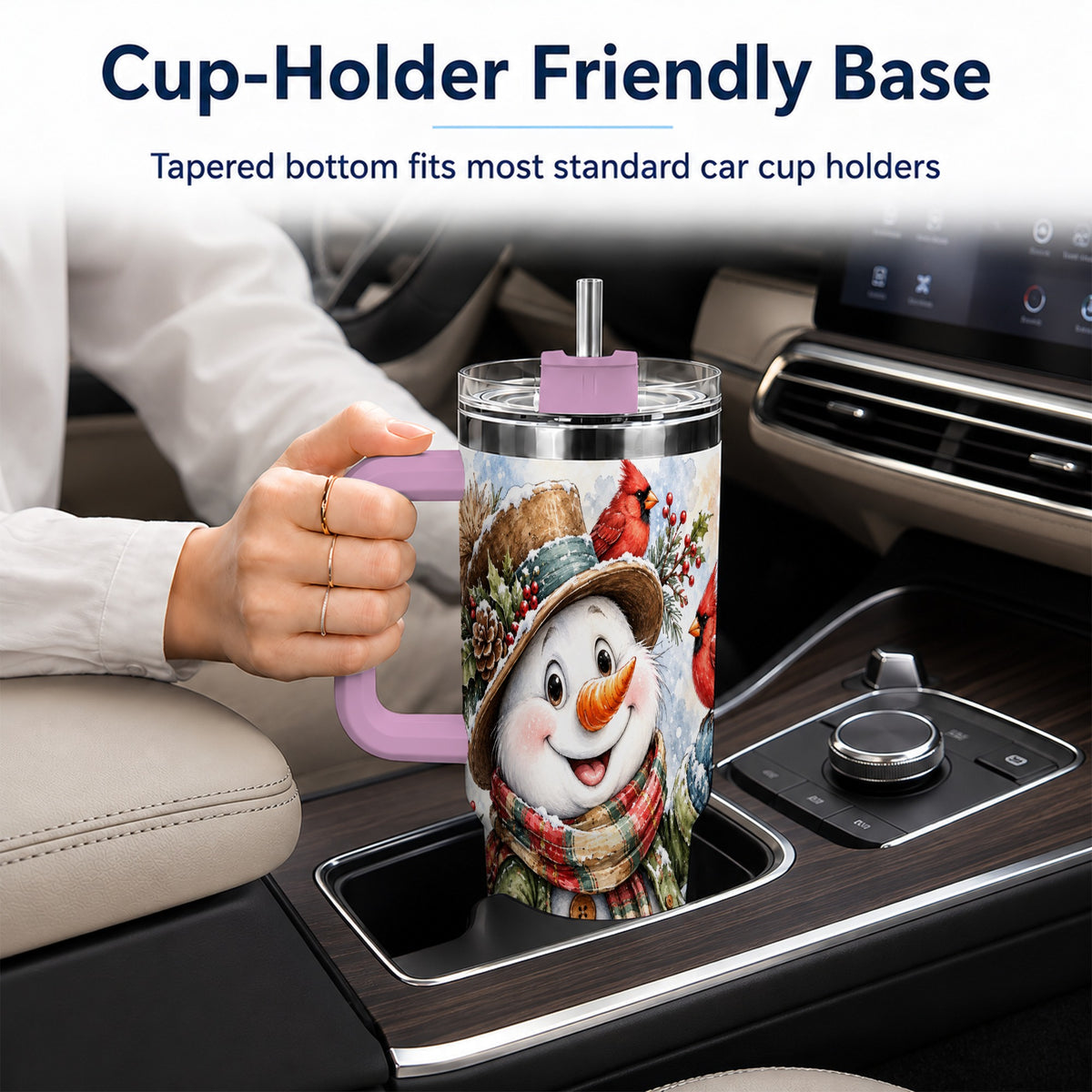#pl[40oz|Pink] Cardinal Snowman 40oz Tumbler with Handle, Rustic Winter Travel Cup