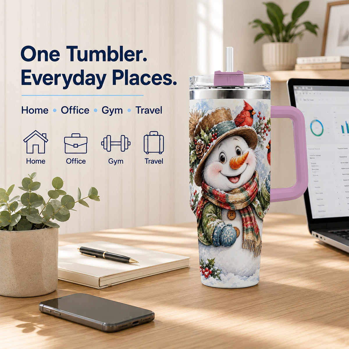#pl[40oz|Pink] Cardinal Snowman 40oz Tumbler with Handle, Rustic Winter Travel Cup