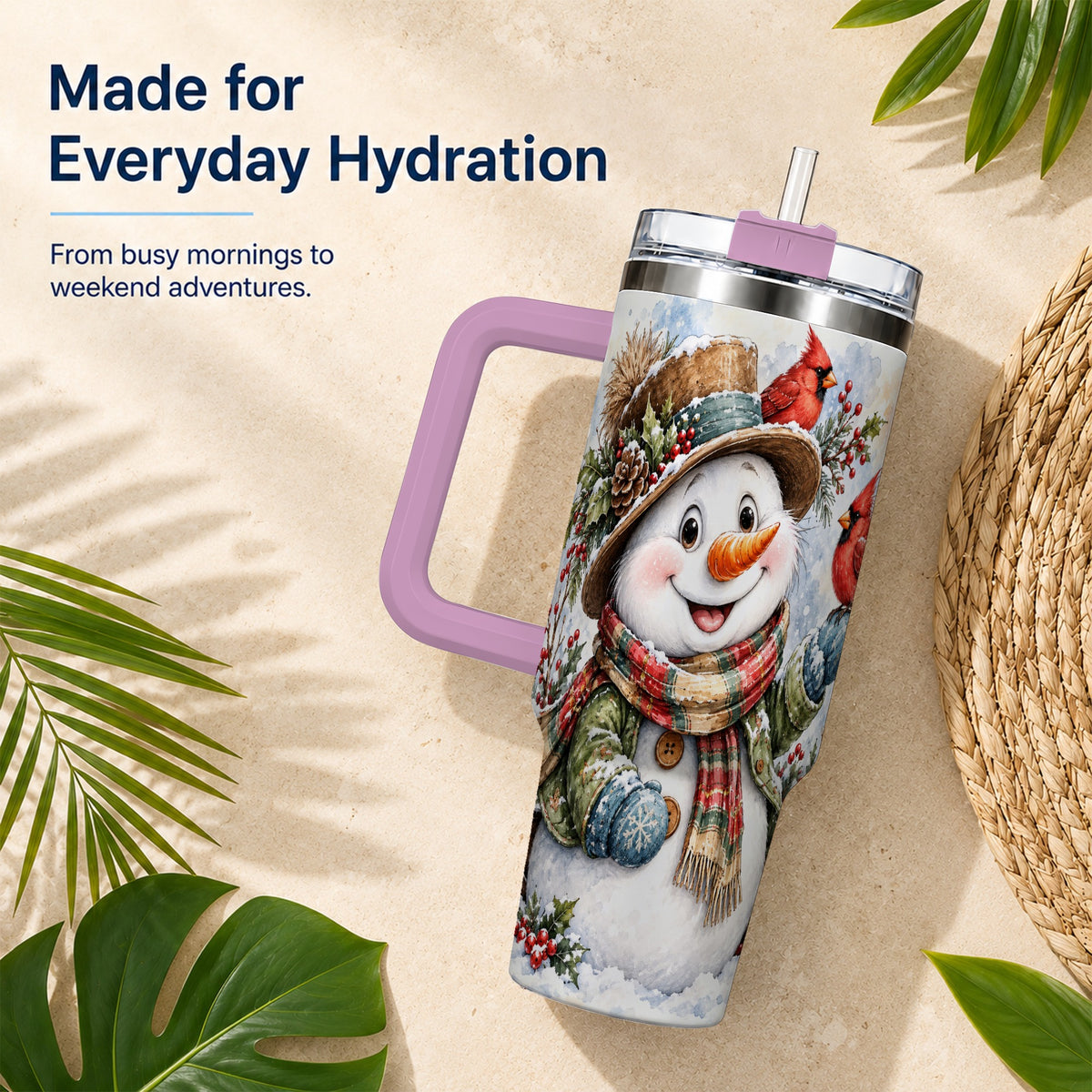 #pl[40oz|Pink] Cardinal Snowman 40oz Tumbler with Handle, Rustic Winter Travel Cup