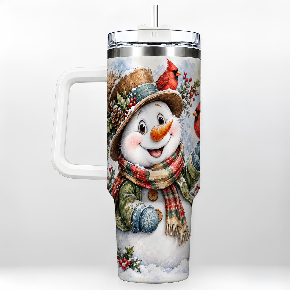 Cardinal Snowman 40oz Tumbler with Handle, Rustic Winter Travel Cup