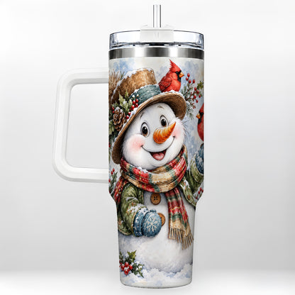 Cardinal Snowman 40oz Tumbler with Handle, Rustic Winter Travel Cup