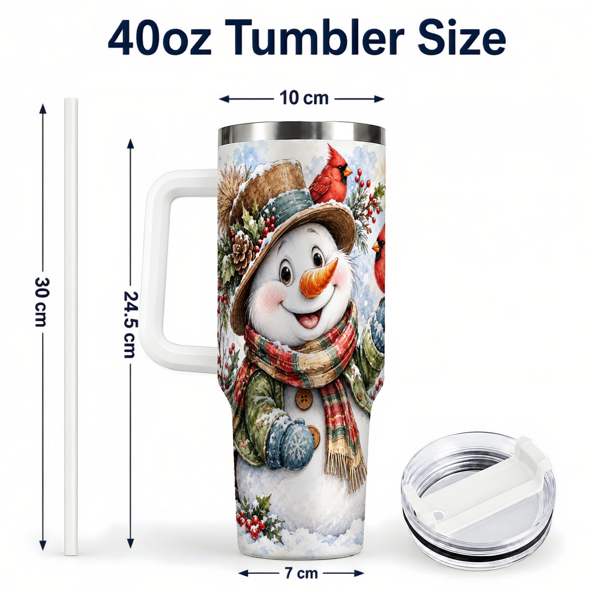 #pl[40oz|White] Cardinal Snowman 40oz Tumbler with Handle, Rustic Winter Travel Cup