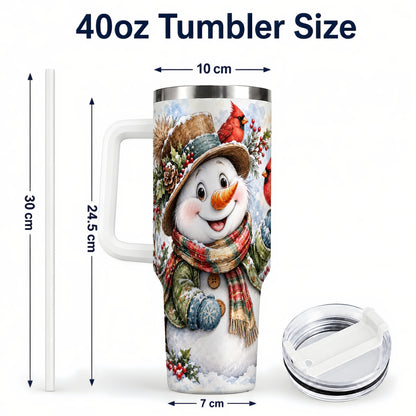 #pl[40oz|White] Cardinal Snowman 40oz Tumbler with Handle, Rustic Winter Travel Cup