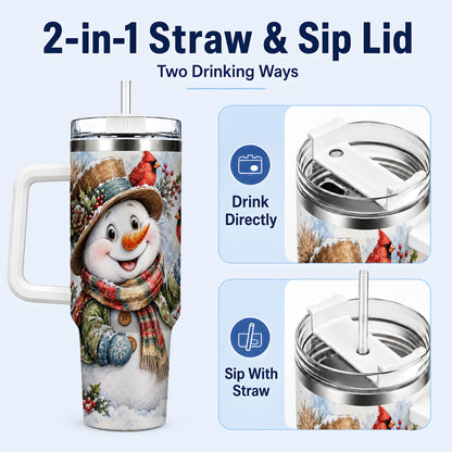 #pl[40oz|White] Cardinal Snowman 40oz Tumbler with Handle, Rustic Winter Travel Cup