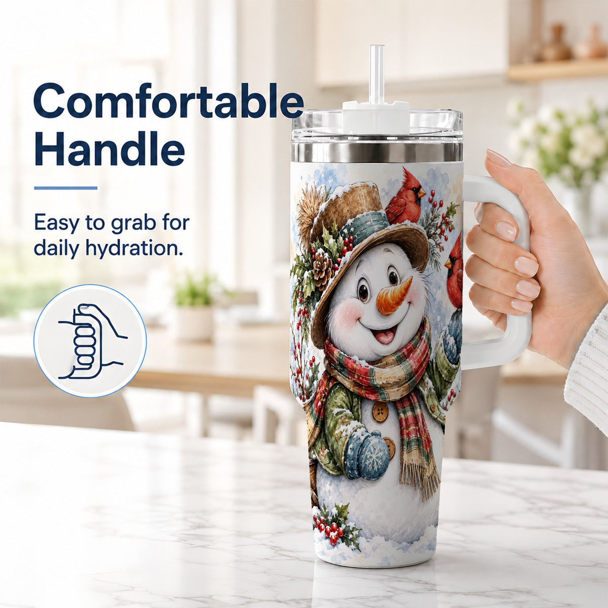 #pl[40oz|White] Cardinal Snowman 40oz Tumbler with Handle, Rustic Winter Travel Cup