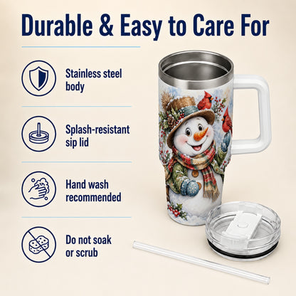 #pl[40oz|White] Cardinal Snowman 40oz Tumbler with Handle, Rustic Winter Travel Cup