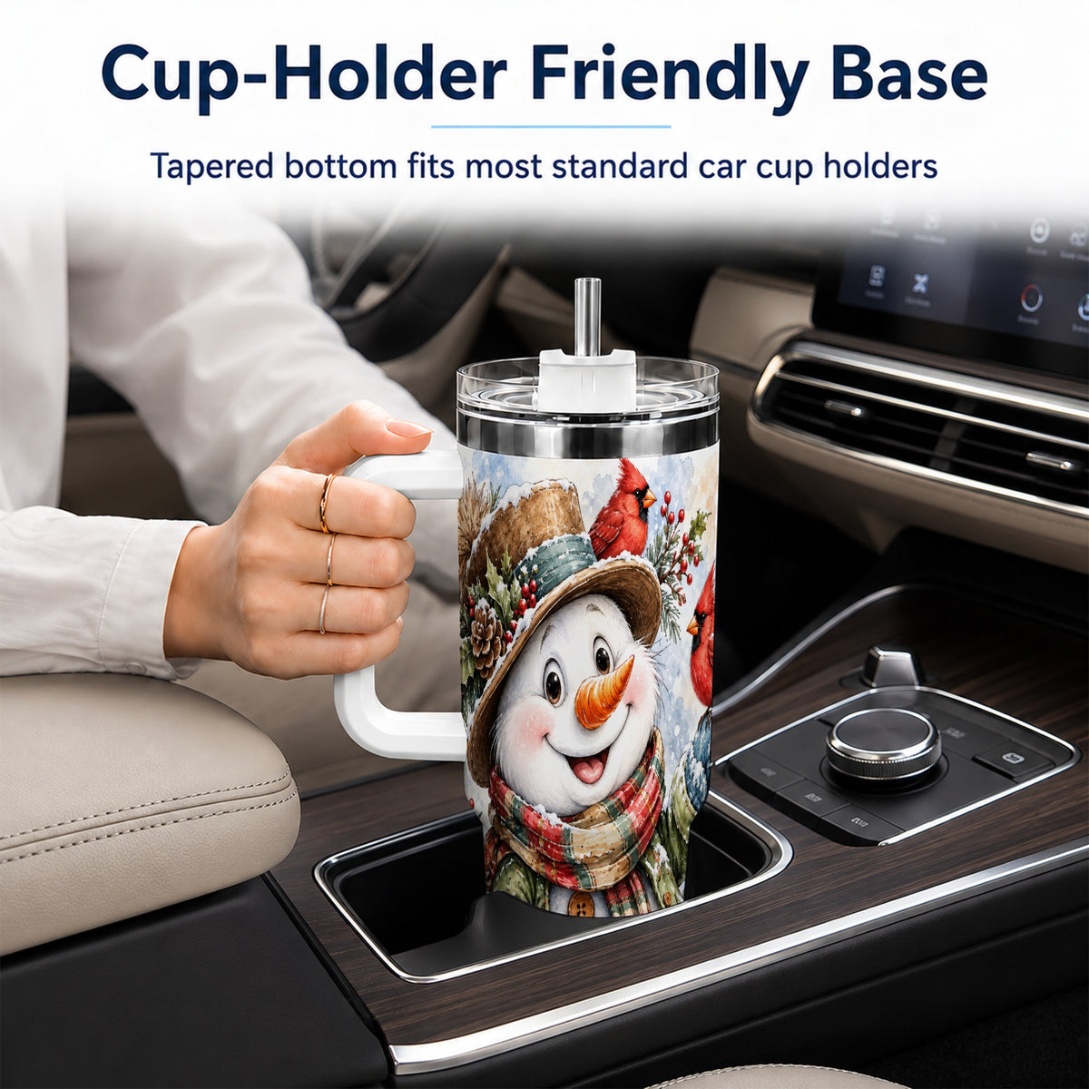 #pl[40oz|White] Cardinal Snowman 40oz Tumbler with Handle, Rustic Winter Travel Cup