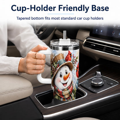 #pl[40oz|White] Cardinal Snowman 40oz Tumbler with Handle, Rustic Winter Travel Cup