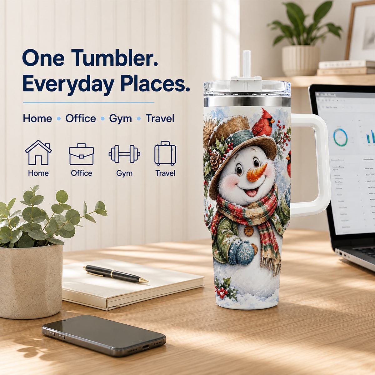 #pl[40oz|White] Cardinal Snowman 40oz Tumbler with Handle, Rustic Winter Travel Cup