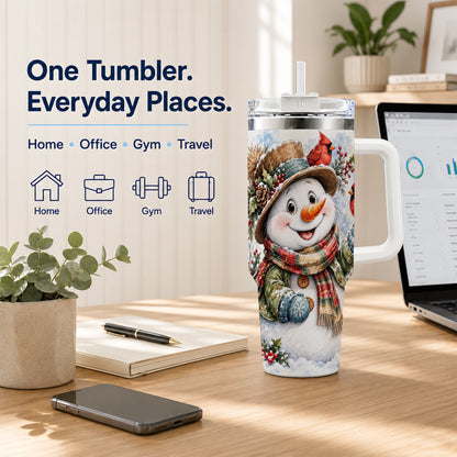#pl[40oz|White] Cardinal Snowman 40oz Tumbler with Handle, Rustic Winter Travel Cup