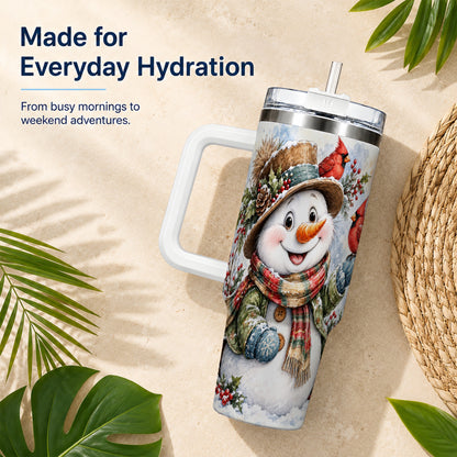 #pl[40oz|White] Cardinal Snowman 40oz Tumbler with Handle, Rustic Winter Travel Cup