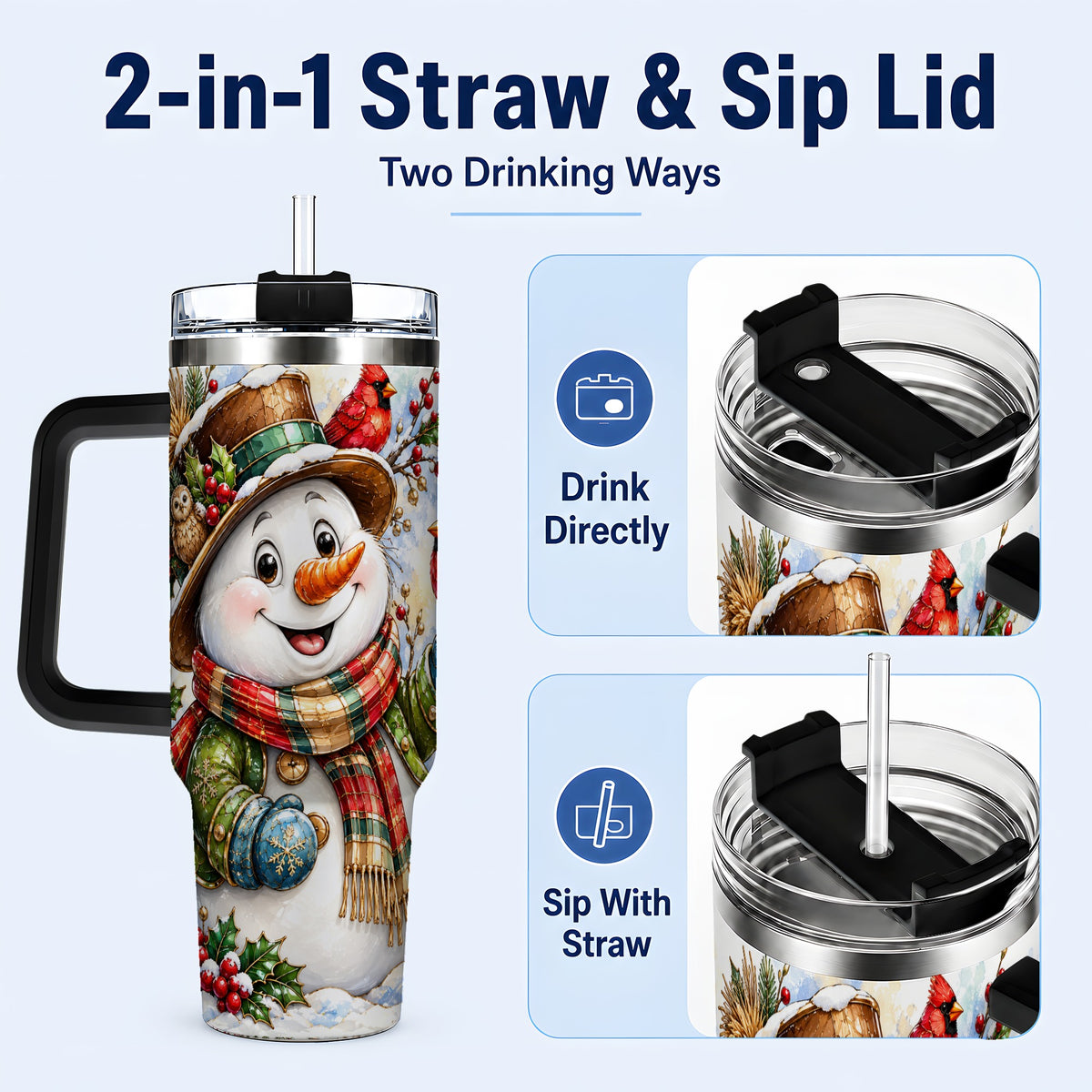 #pl[40oz|Black] Snowman Cardinal 40oz Tumbler, Winter Stainless Steel Travel Cup