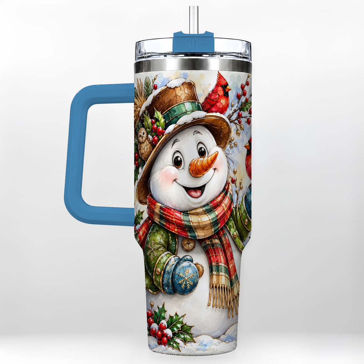 #pl[40oz|Blue] Snowman Cardinal 40oz Tumbler, Winter Stainless Steel Travel Cup