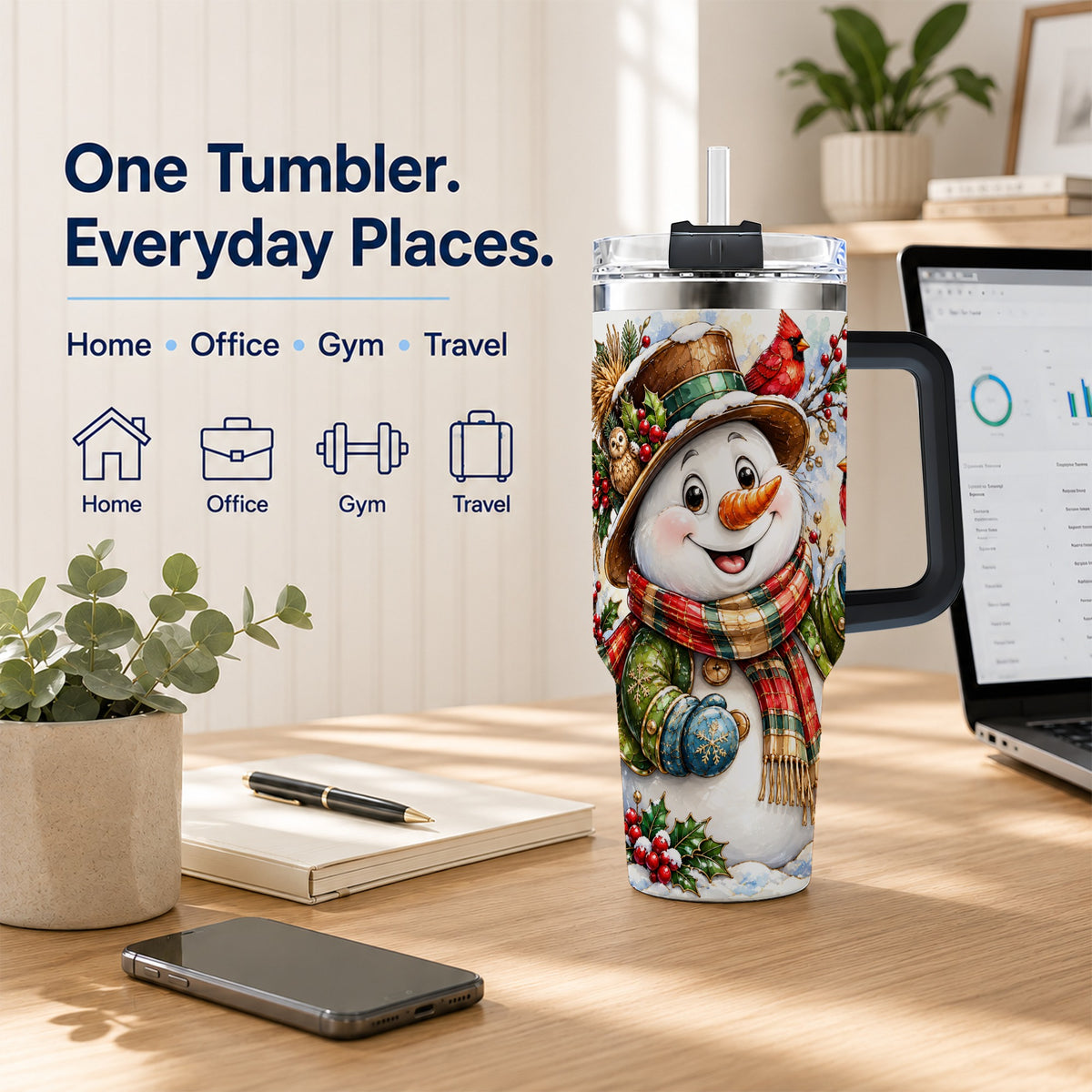 #pl[40oz|Black] Snowman Cardinal 40oz Tumbler, Winter Stainless Steel Travel Cup