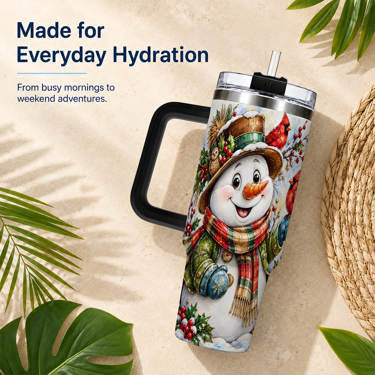 #pl[40oz|Black] Snowman Cardinal 40oz Tumbler, Winter Stainless Steel Travel Cup