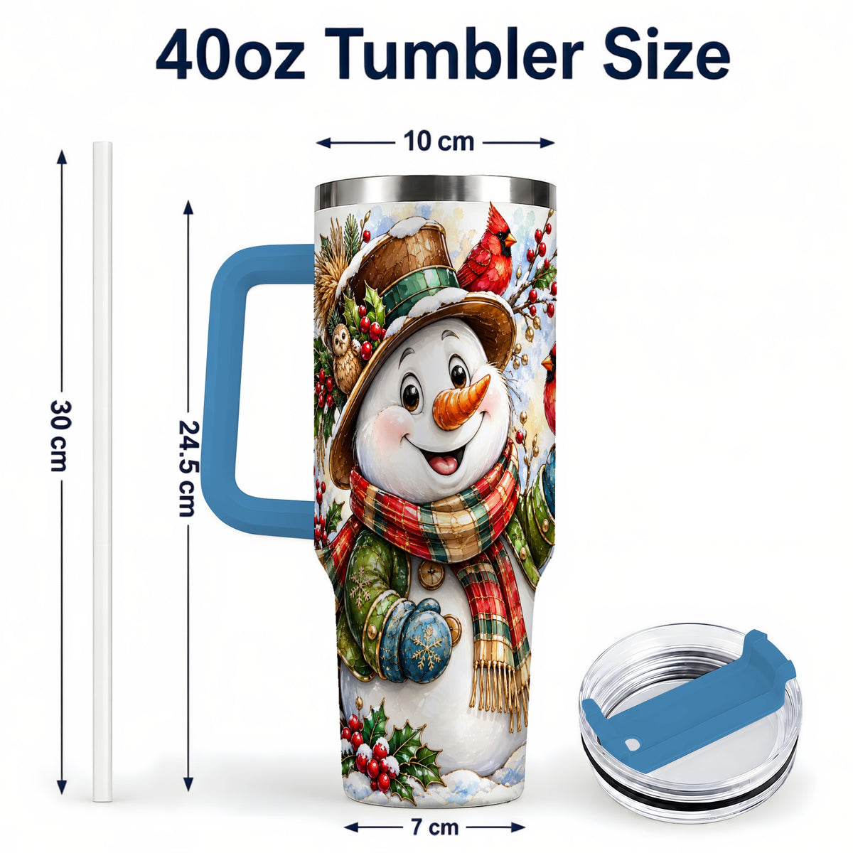 #pl[40oz|Blue] Snowman Cardinal 40oz Tumbler, Winter Stainless Steel Travel Cup