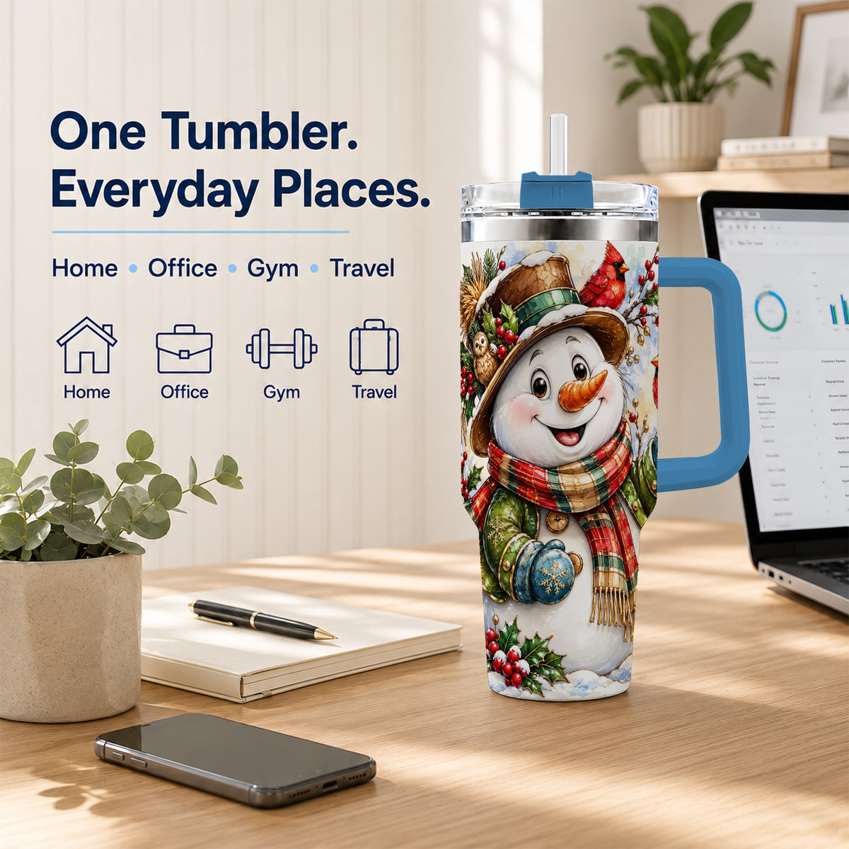 #pl[40oz|Blue] Snowman Cardinal 40oz Tumbler, Winter Stainless Steel Travel Cup