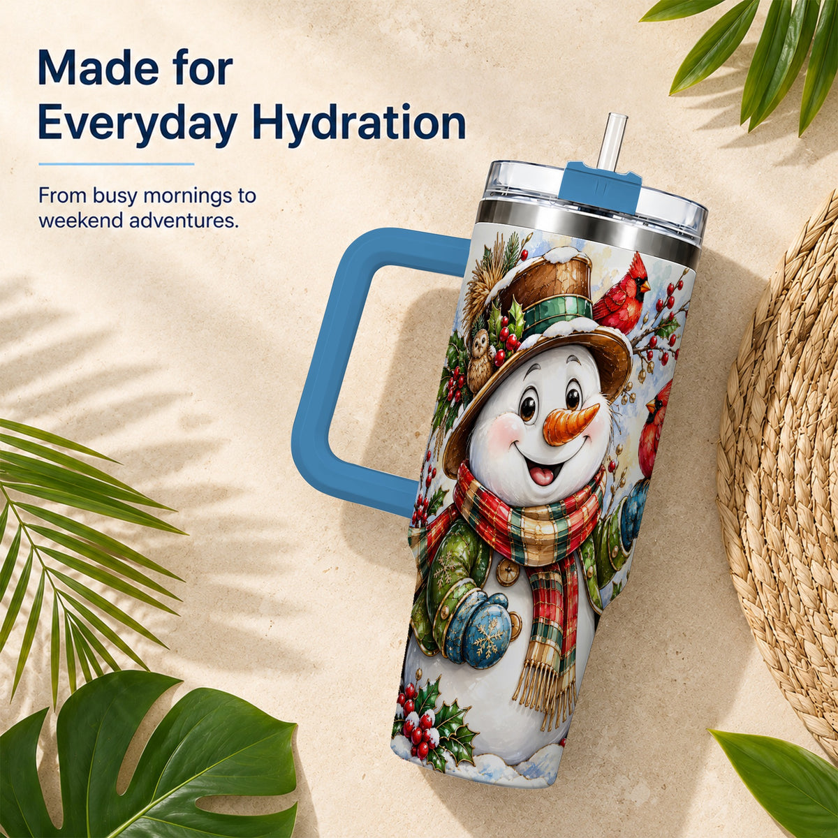 #pl[40oz|Blue] Snowman Cardinal 40oz Tumbler, Winter Stainless Steel Travel Cup