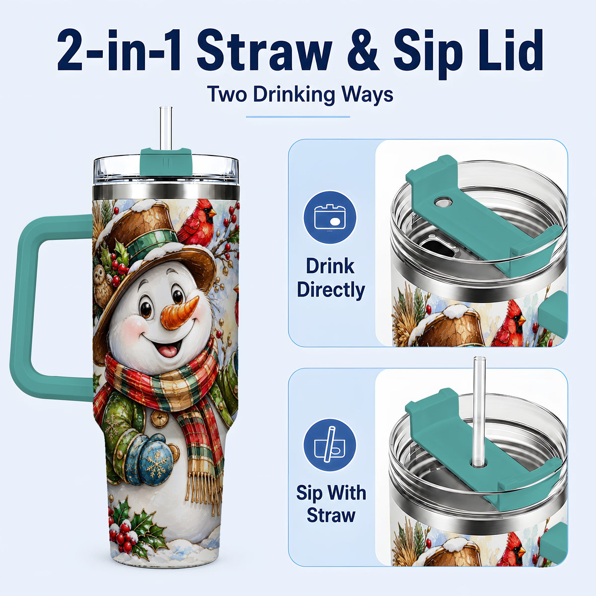 #pl[40oz|Green] Snowman Cardinal 40oz Tumbler, Winter Stainless Steel Travel Cup