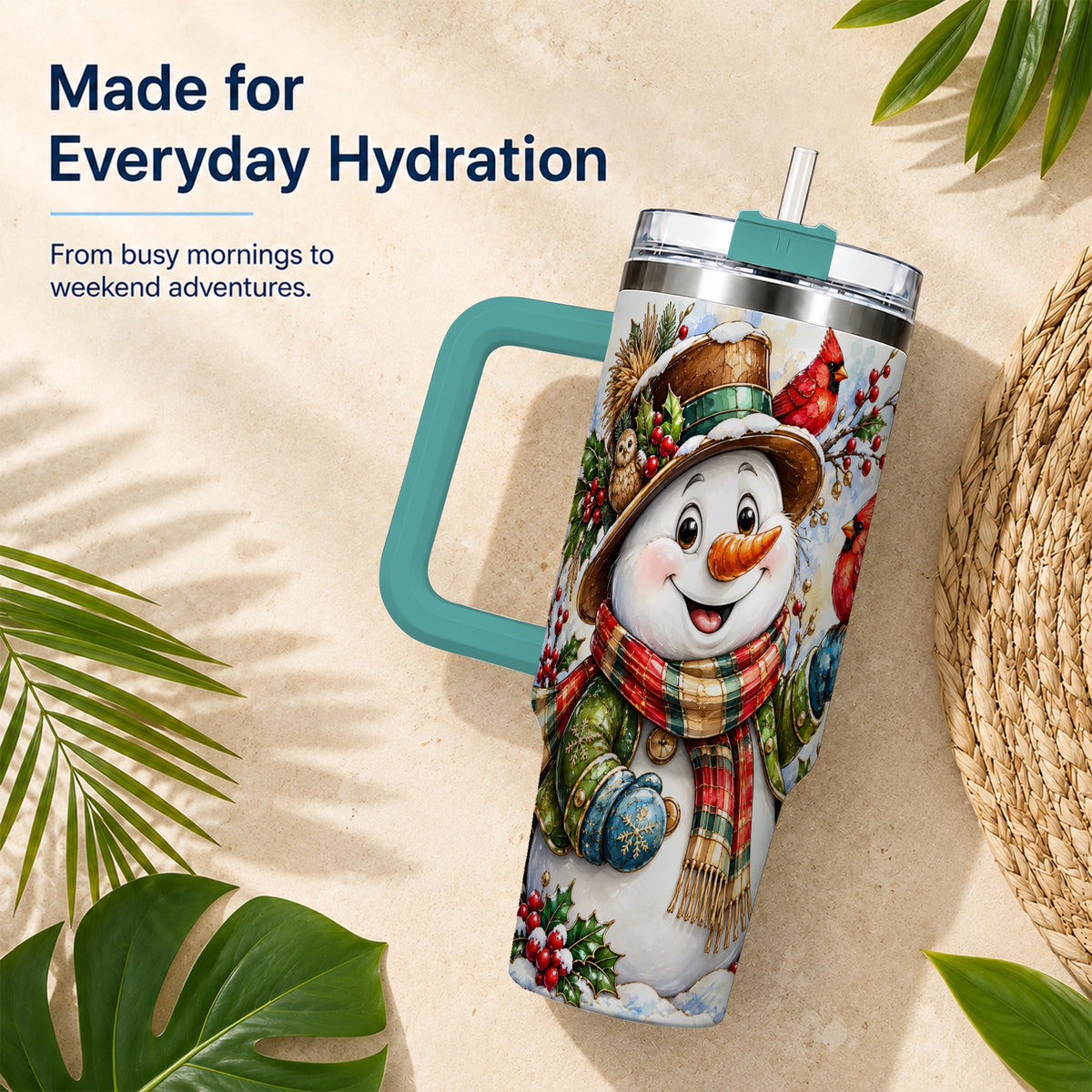 #pl[40oz|Green] Snowman Cardinal 40oz Tumbler, Winter Stainless Steel Travel Cup