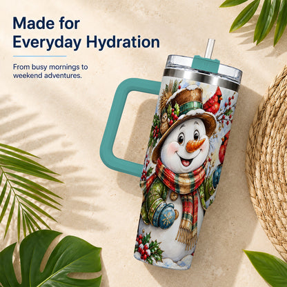 #pl[40oz|Green] Snowman Cardinal 40oz Tumbler, Winter Stainless Steel Travel Cup